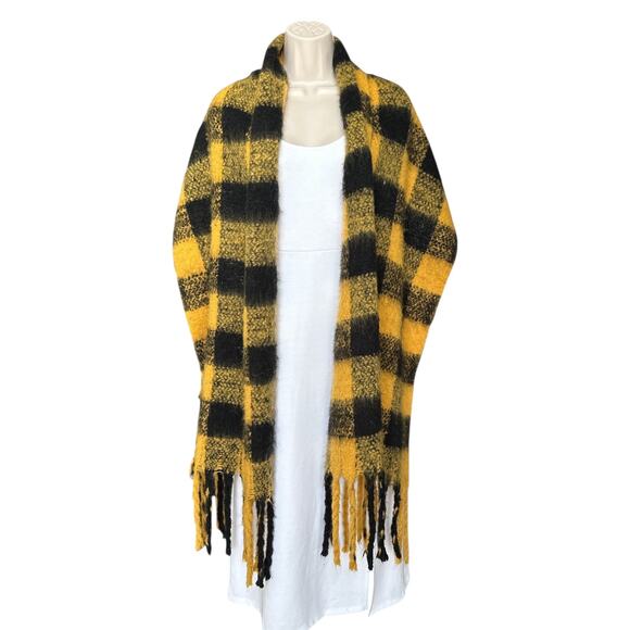 Unbranded Gingham Plaid Fuzzy Shawl Scarf with Fringe 20x88, Yellow Black - Picture 1 of 10